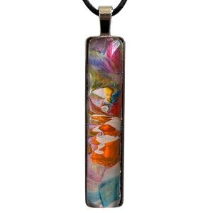 Rainbow Fluid Art Bar Pendant Cord Necklace Handmade by Svetlana Yeung